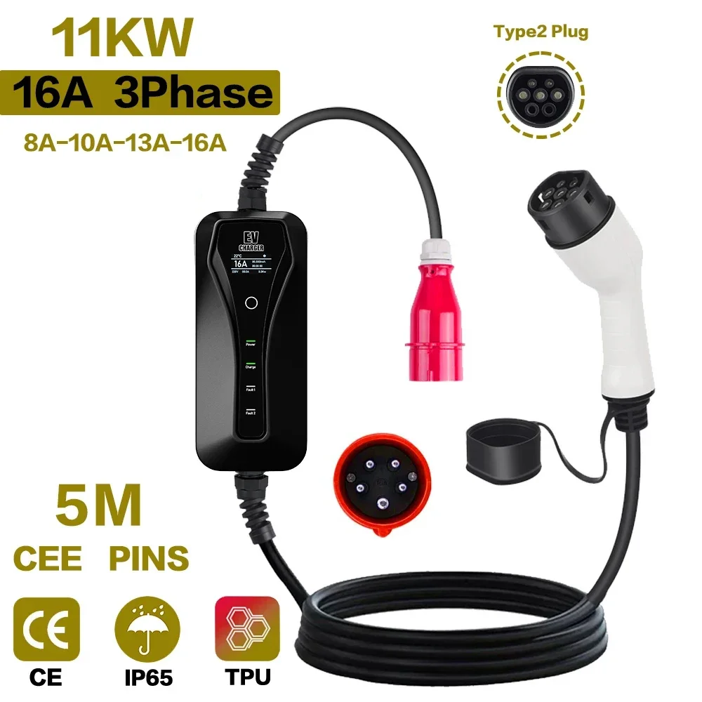 11KW 16A Portable EV Chargeur  - Type 2 Portable Ev Charger 11Kw Cee avis et prix